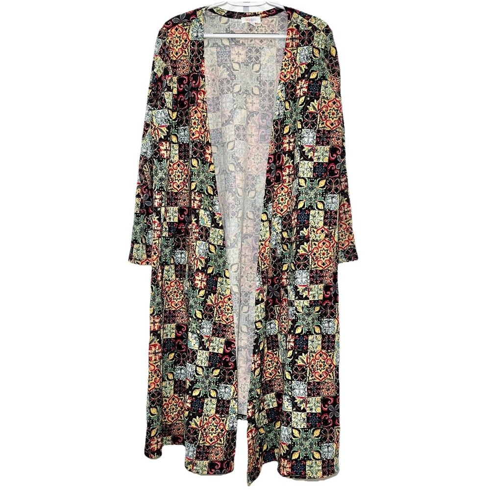 LuLaRoe Sarah Cardigan XL Patchwork Mosaic Boho Long Duster Open Front